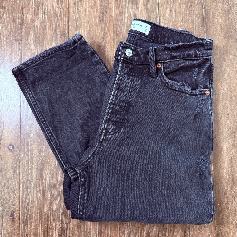 Abercrombie & Fitch The Dad High Rise Straight Leg Jeans Black Torn Ripped Knee - Picture 2 of 12